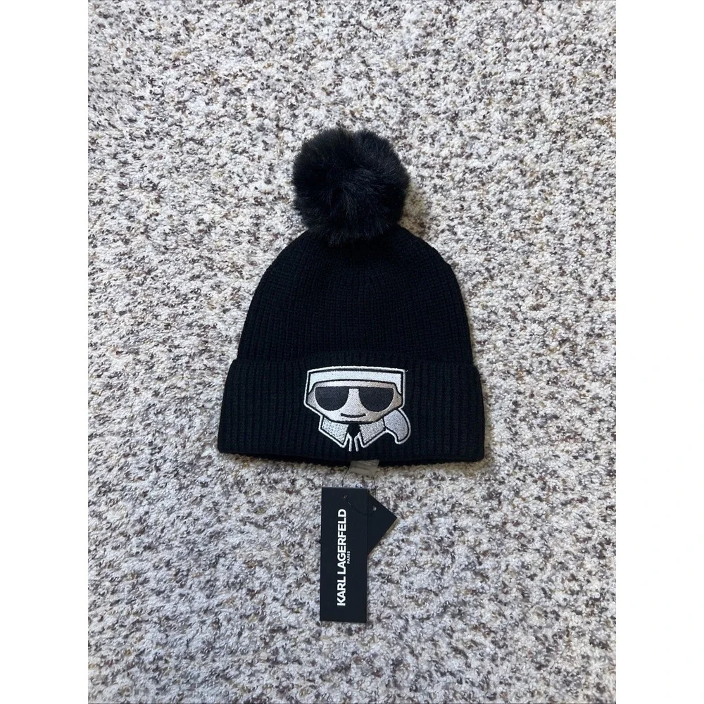KARL LAGERFELD PARIS New Women's Faux-Fur Pom Rhinestone Karl Beanie‎ BLACK